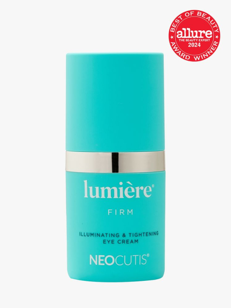 eye cream in branded aqua blue and silver bottle with cap on light gray background with red and white 2024 allure best of beauty seal
